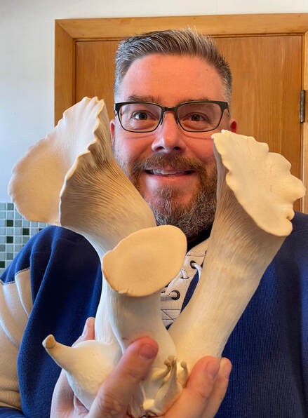 Jeremy Hooper holds up two GIANT King Oyster aka King Trumpet mushrooms he grew. They are about the size of actual trumpets.