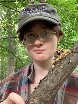 Mariah Rogers out in the woods holding up a branch with some small polypore fungi on it. She has a baseball cap that reads "Mariah - Wilderness Expeditions" that was found at a resell shop.